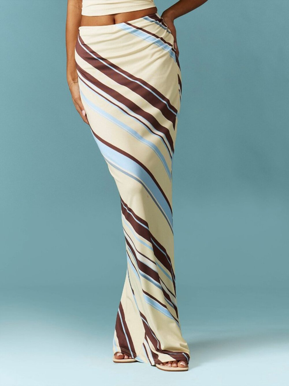 Multicolor Boho Women's Diagonal Stripe High Waist Bodycon Maxi Skirt - Picture 5 of 6